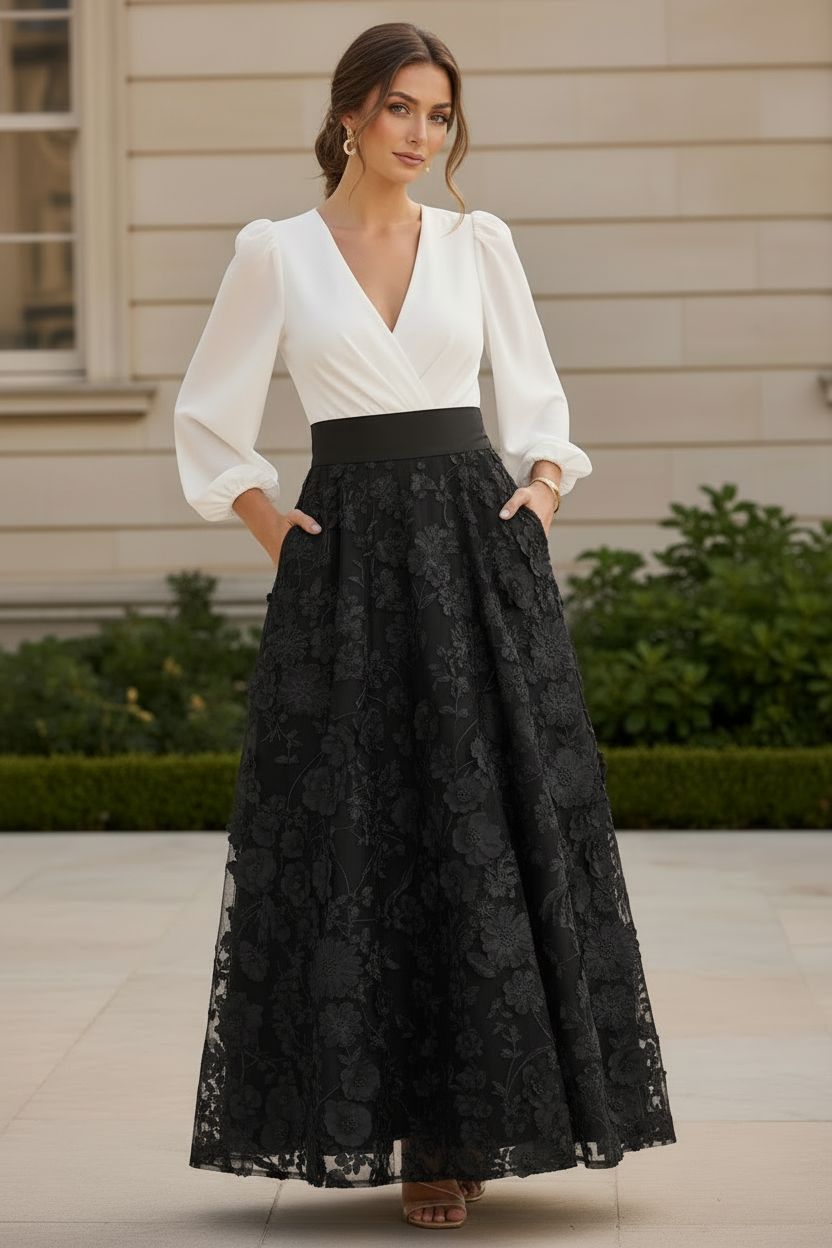 Long Sleeve A-Line Evening Gown with 3D Flowers