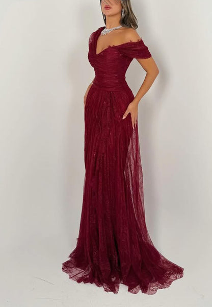 Ruched Off-the-Shoulder Lace Evening Gown with Train