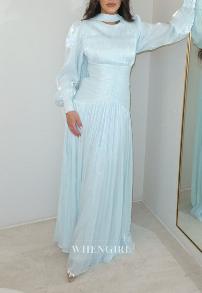 Pleated Long Sleeve Gown with High Neck