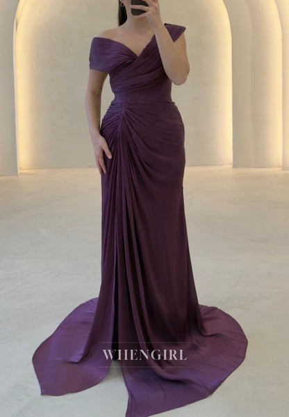 Off-the-Shoulder Ruched Evening Gown with High Slit