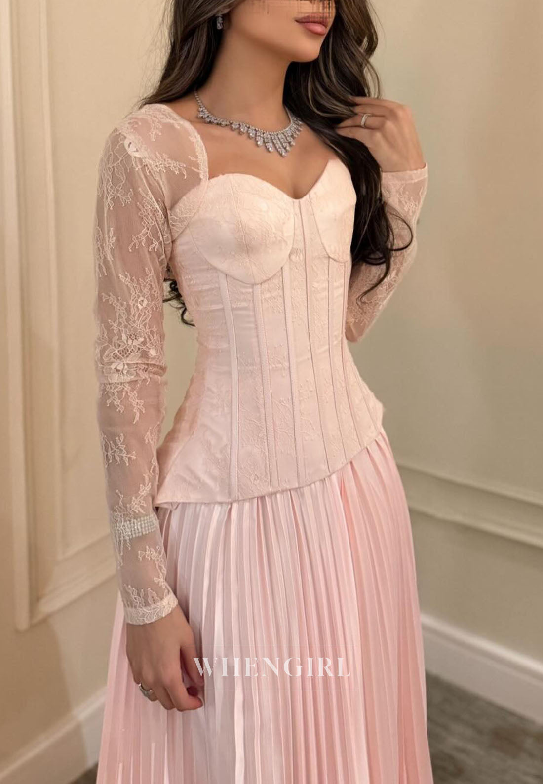 Pleated Maxi Dress with Lace Bodice and Sleeves