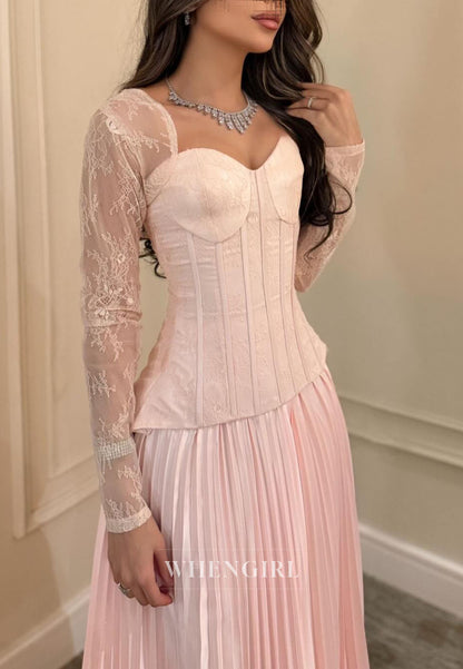 Pleated Maxi Dress with Lace Bodice and Sleeves