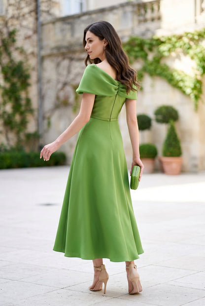 Folded Portrait Neckline A-Line Tea-Length Dress