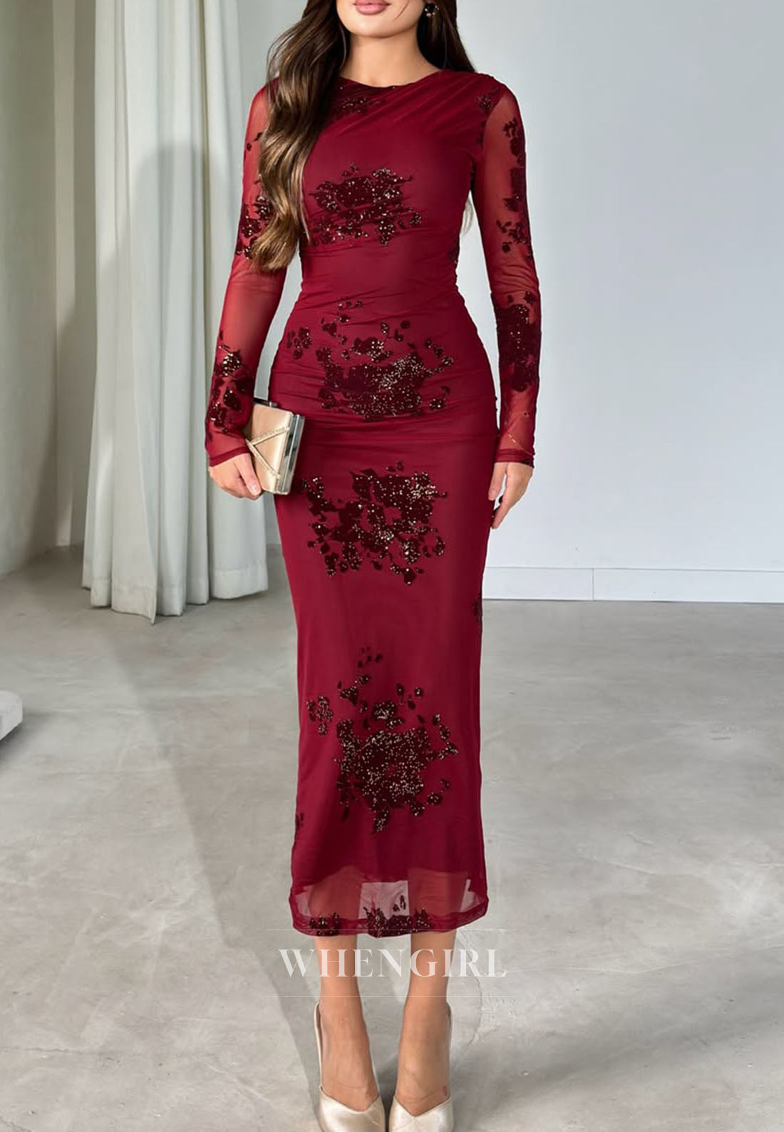 Glitter Floral Mesh Long Sleeve Column Maxi Dress
