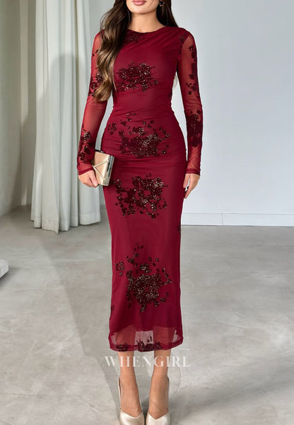 Glitter Floral Mesh Long Sleeve Column Maxi Dress
