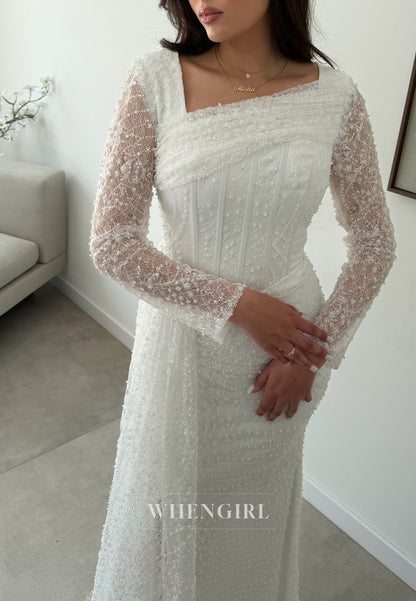 Asymmetrical Corset Beaded Long Sleeve Evening Gown