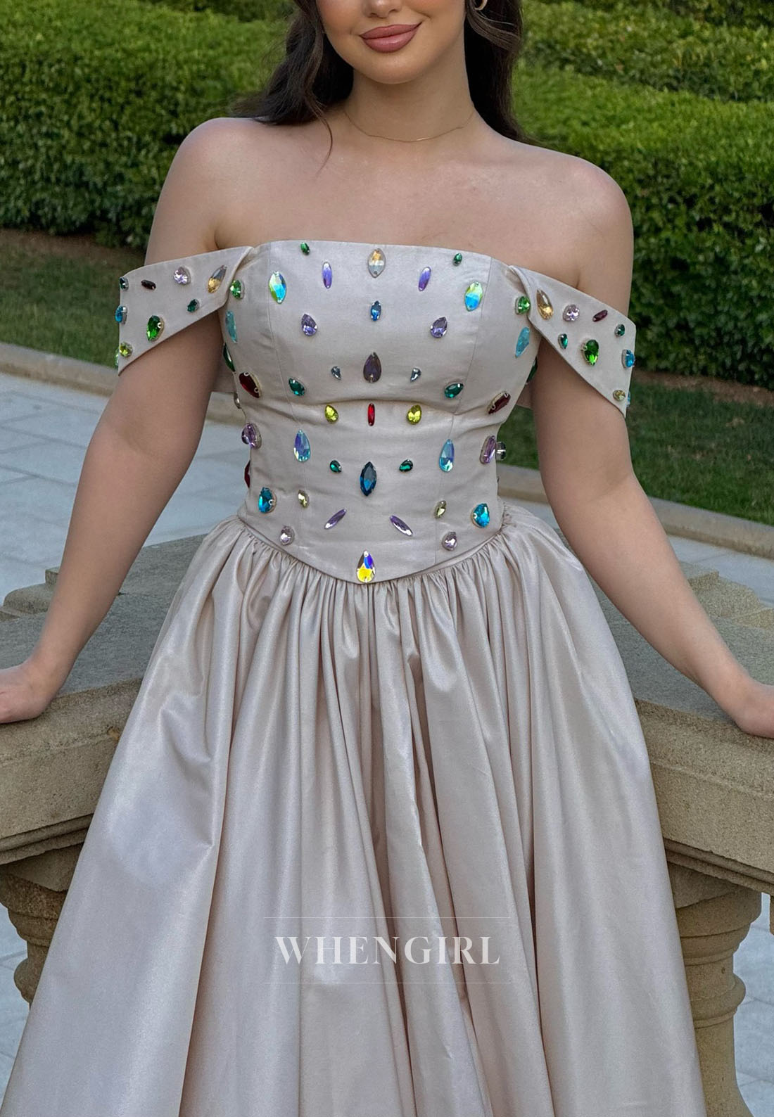 Off-the-Shoulder Gemstone Corset Ball Gown