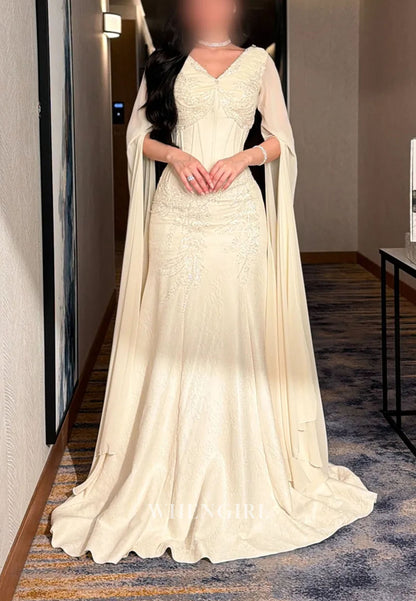 Embellished Mermaid Gown with Cape Sleeves
