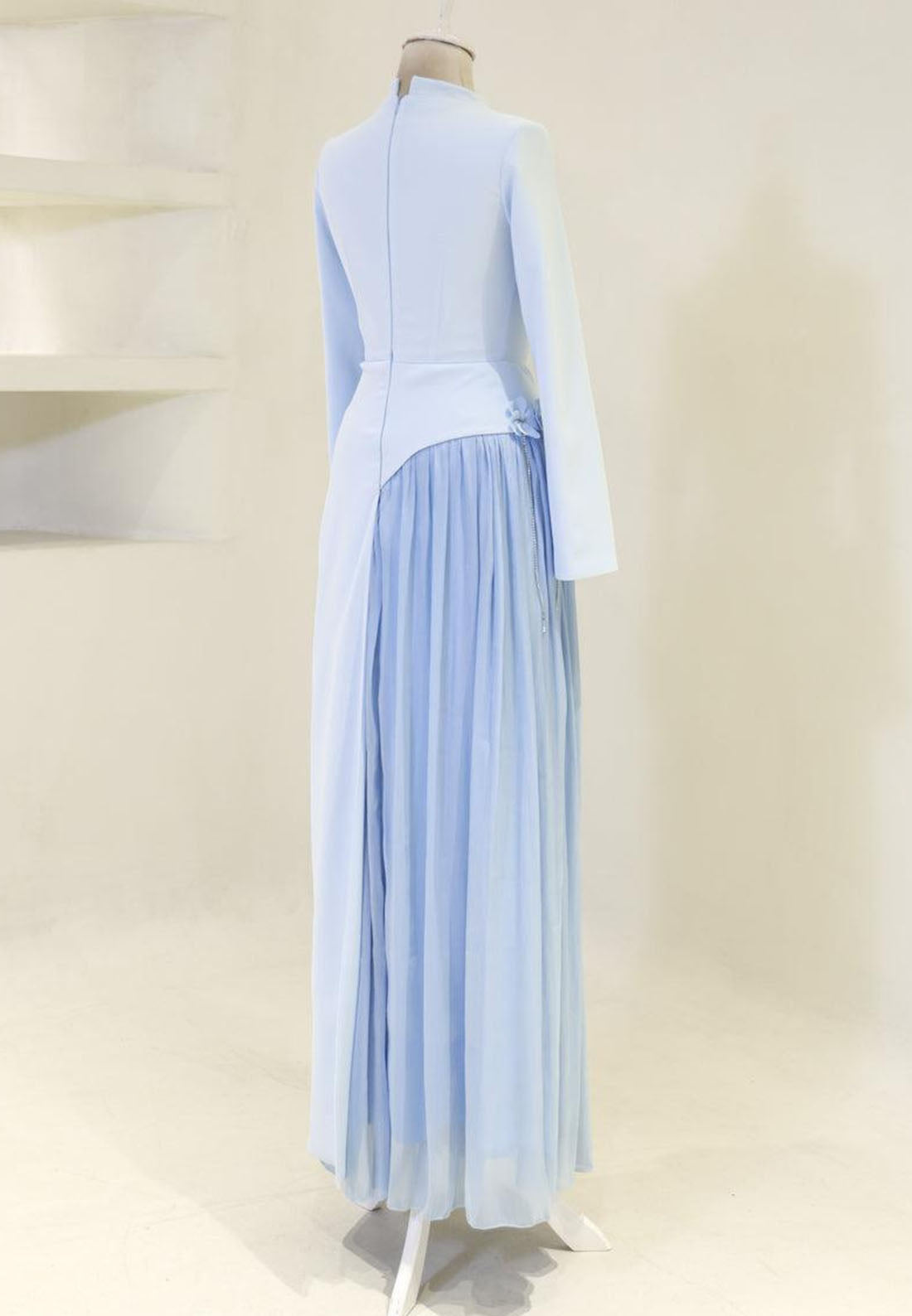 High Neck Maxi Dress with Pleated Inset & 3D Flowers