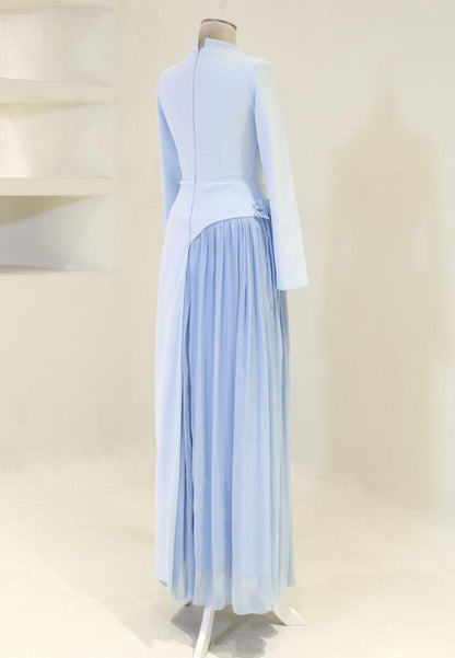 High Neck Maxi Dress with Pleated Inset & 3D Flowers