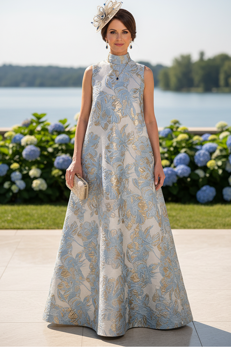 High Neck Metallic Jacquard Trapeze Maxi Dress