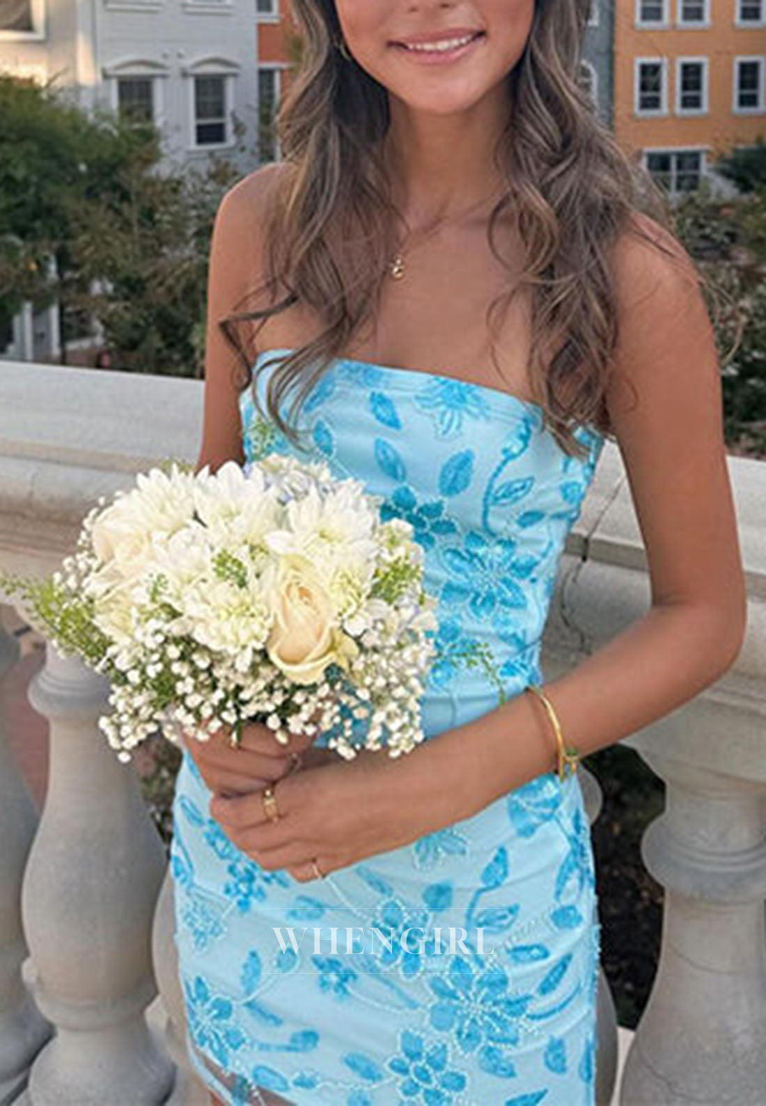 Strapless Floral Sequin Lace-Up Mini Dress