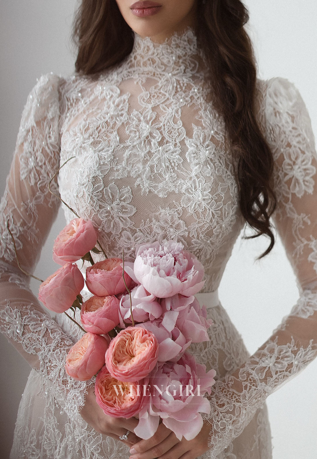 Vintage High Neck Long Sleeve Lace A-Line Wedding Dress