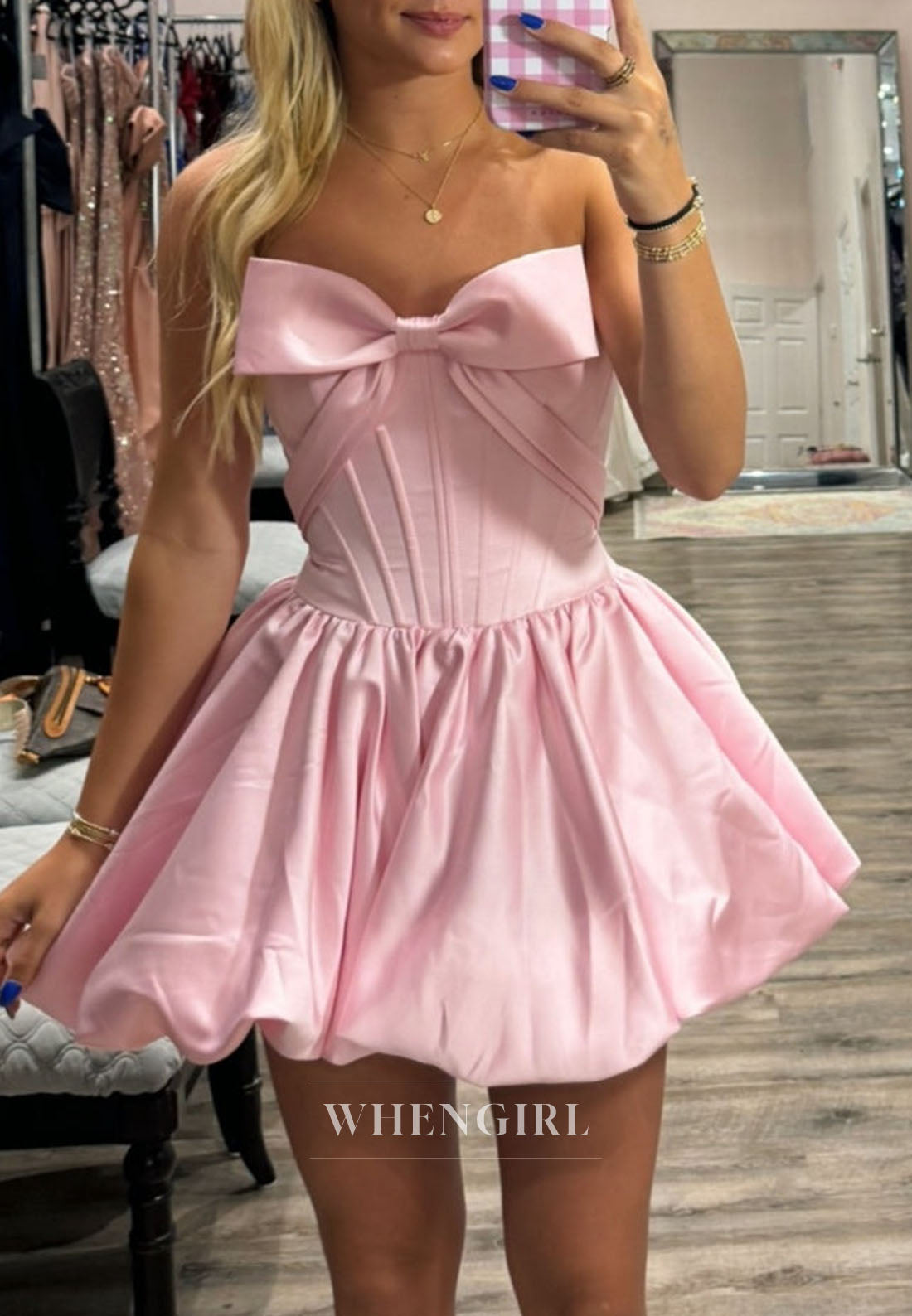 Strapless Bow-Front Corset Mini Dress with Bubble Skirt