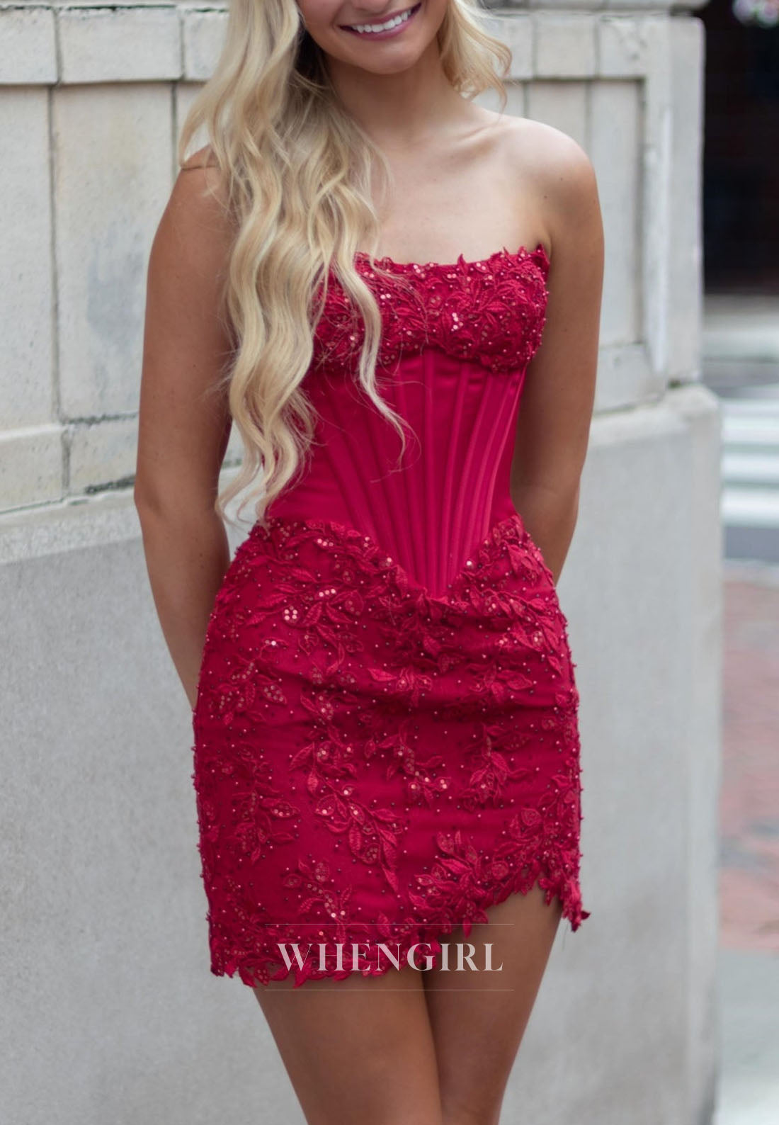Strapless Corset Mini Dress with Lace Applique Skirt