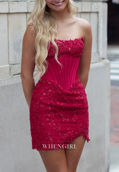 Strapless Corset Mini Dress with Lace Applique Skirt