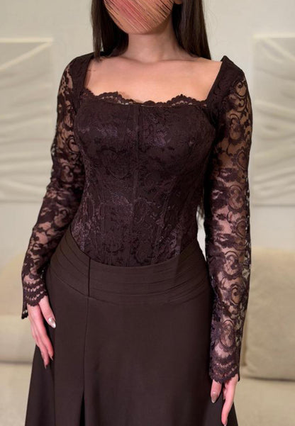 Lace Corset Bodice Long Sleeve Floor-Length Gown
