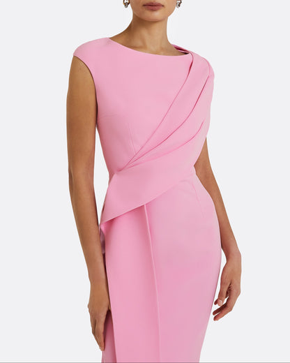 Asymmetrical Pleated Drape Midi Sheath Dress