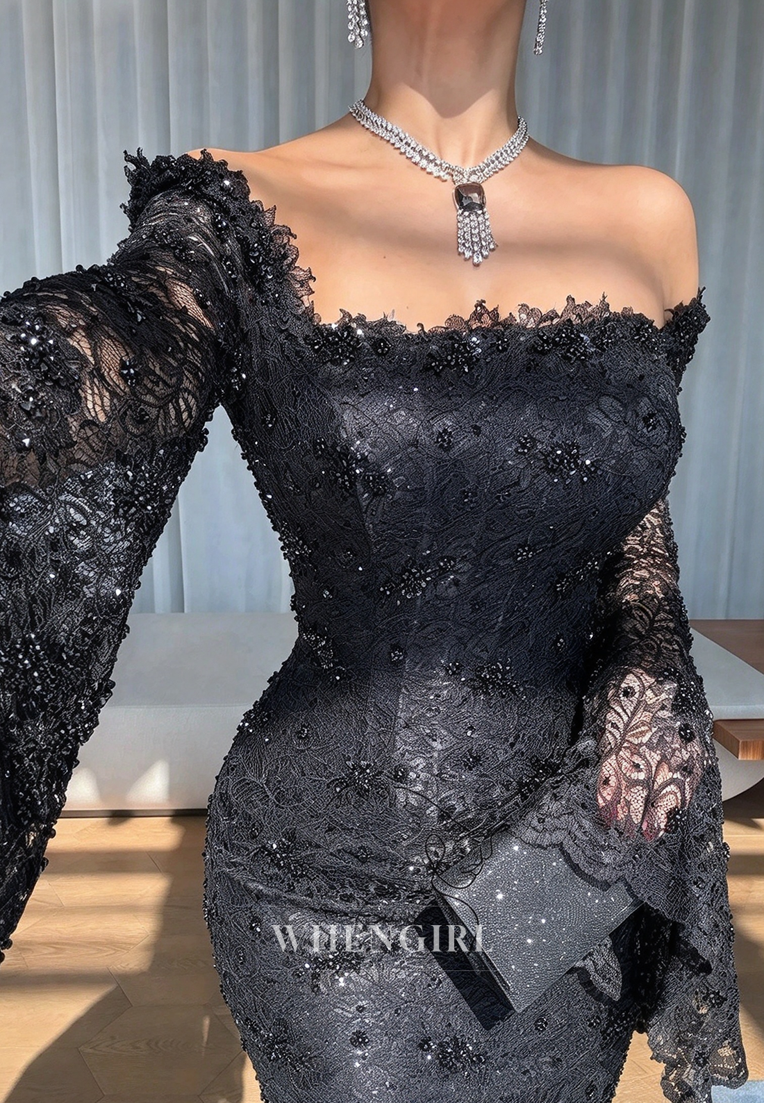 Lace Off-the-Shoulder Bell Sleeve Mermaid Gown