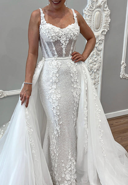 Corset Wedding Dress with 3D Florals & Overskirt