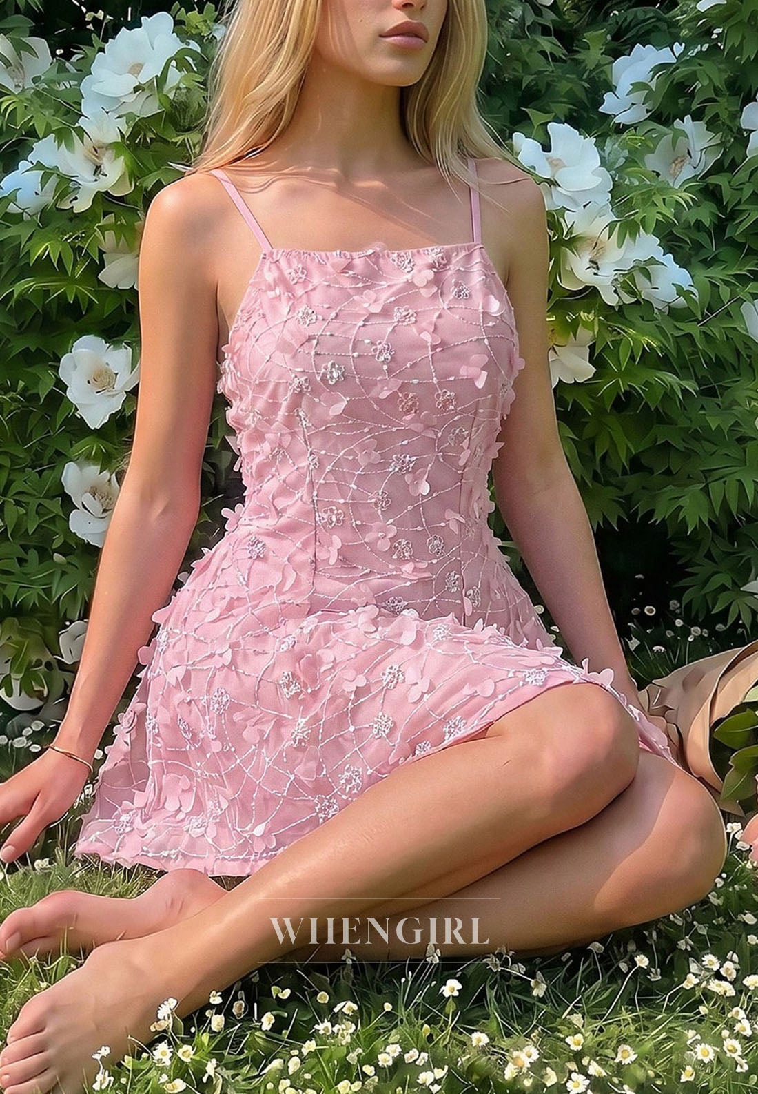 3D Floral Applique Spaghetti Strap Mini Dress