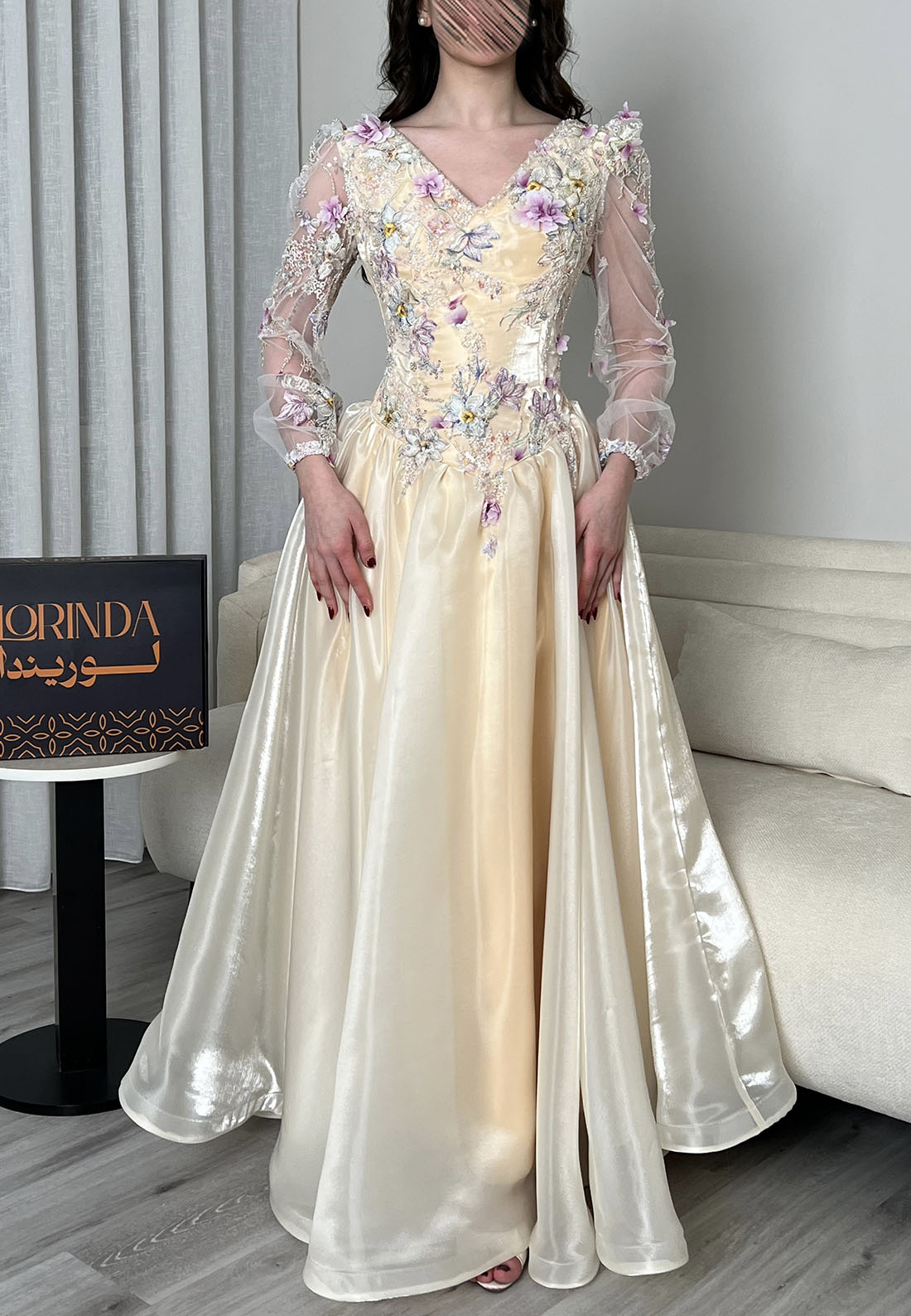 Floral Applique Long Sleeve Evening Gown