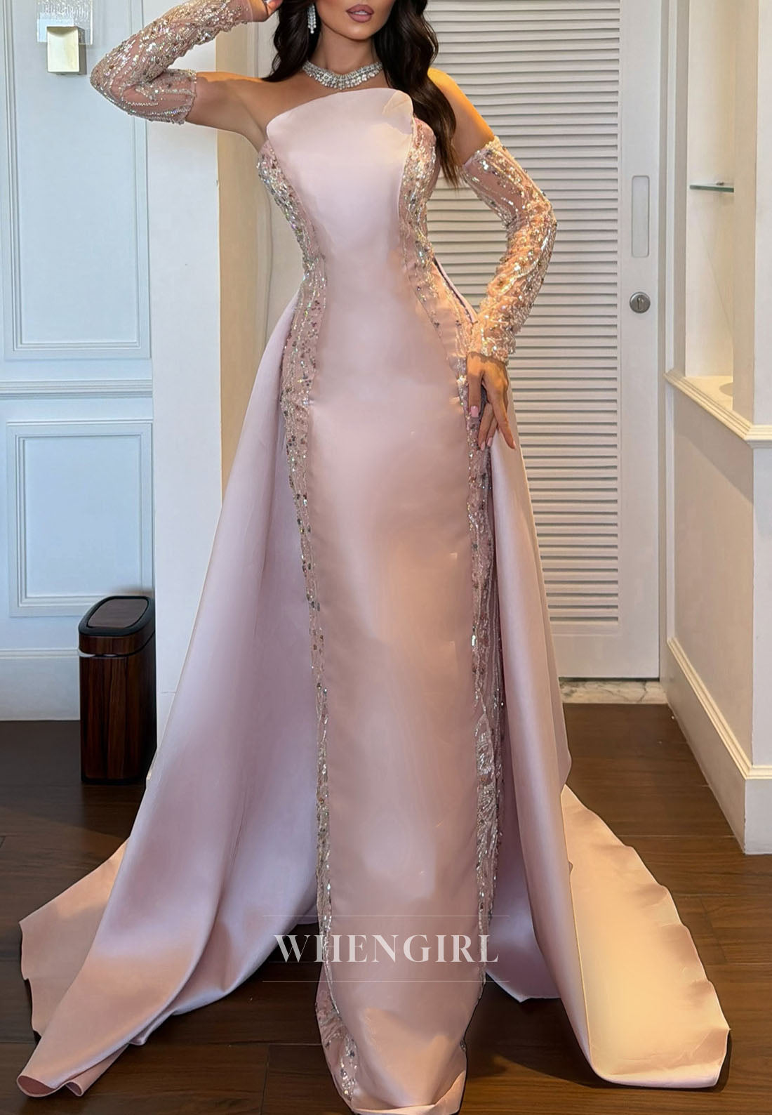 Strapless Column Gown with Overskirt & Sleeves