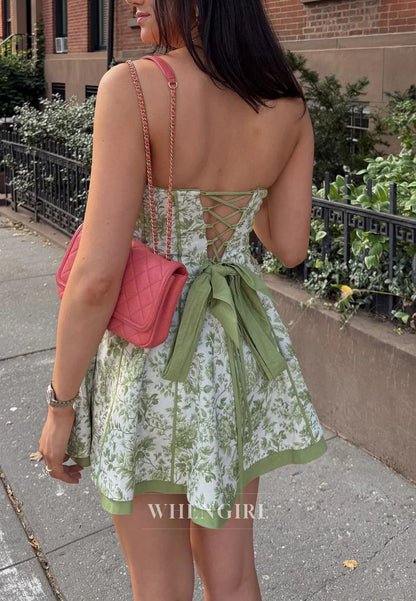 Strapless Floral Corset Mini Dress with Lace-Up