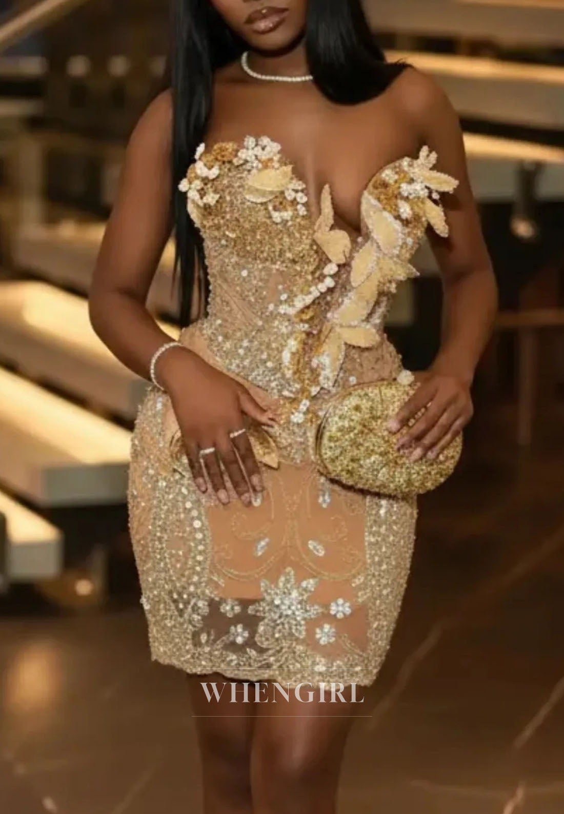 Strapless Corset Mini Dress with 3D Leaf Appliques