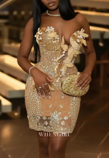 Strapless Corset Mini Dress with 3D Leaf Appliques