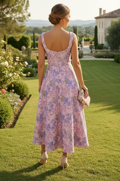 Floral Jacquard Square Neck Midi Dress