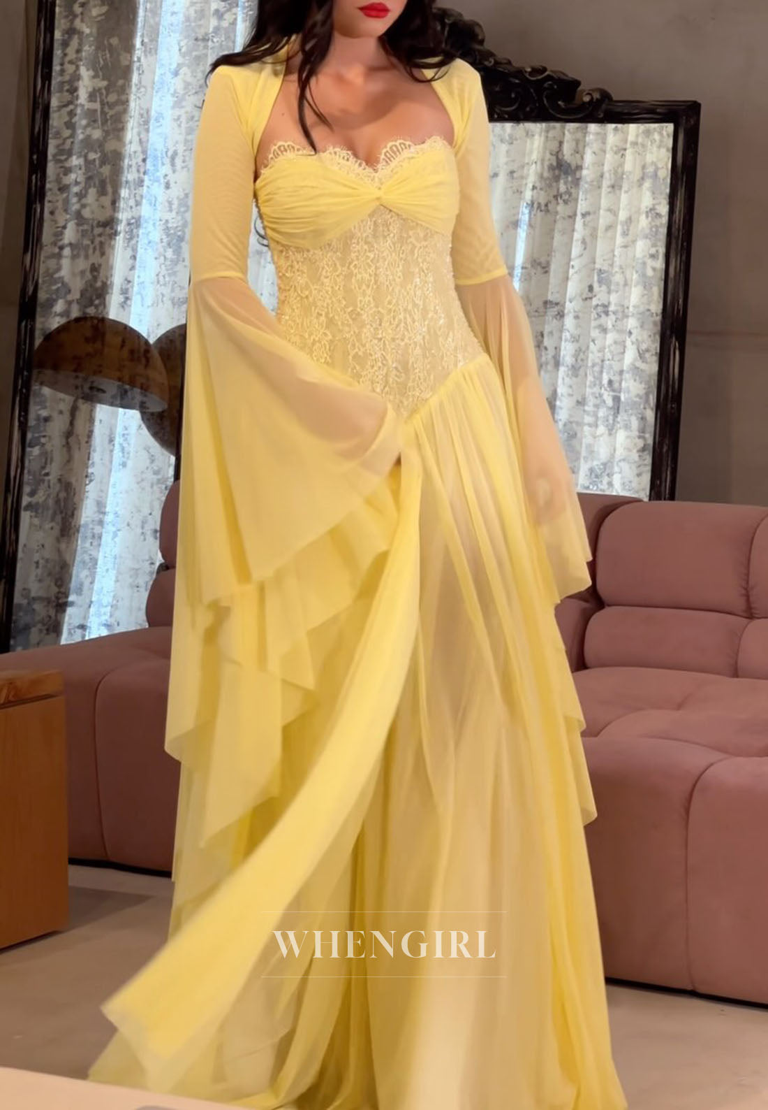 Romantic Sweetheart Corset Gown with Bell Sleeves