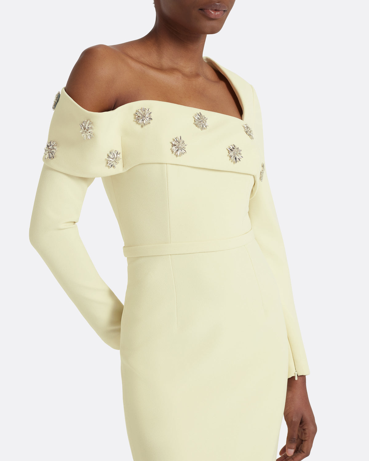 Asymmetric Fold Column Gown with Crystal Accents