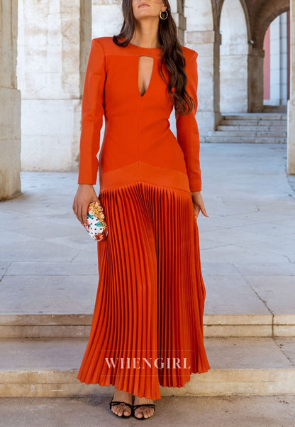 Long Sleeve Keyhole Maxi Dress with Pleated Skirt
