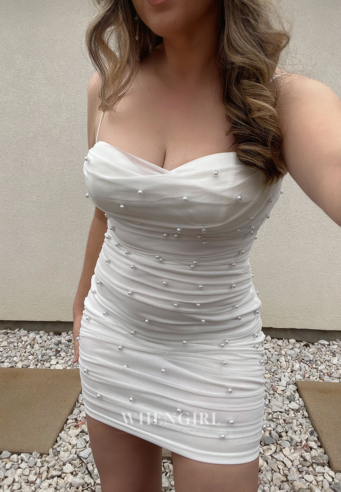 Pearl-Embellished Ruched Bodycon Mini Dress