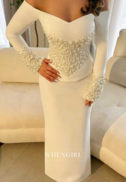 Off Shoulder Pearl Embellished Long Sleeve Gown