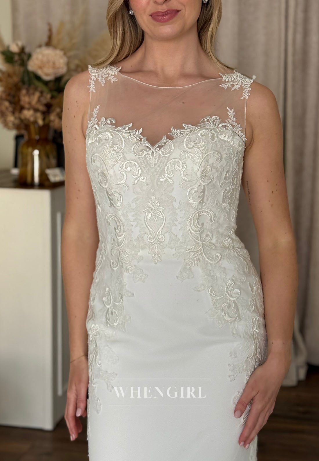 Lace Applique Illusion Mermaid Wedding Dress