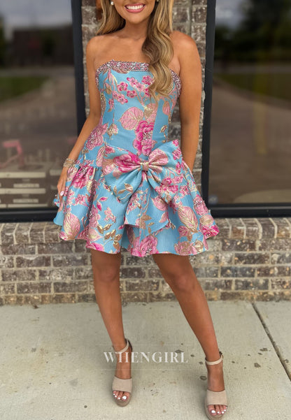 Strapless Floral Jacquard Homecoming Dress with Bow