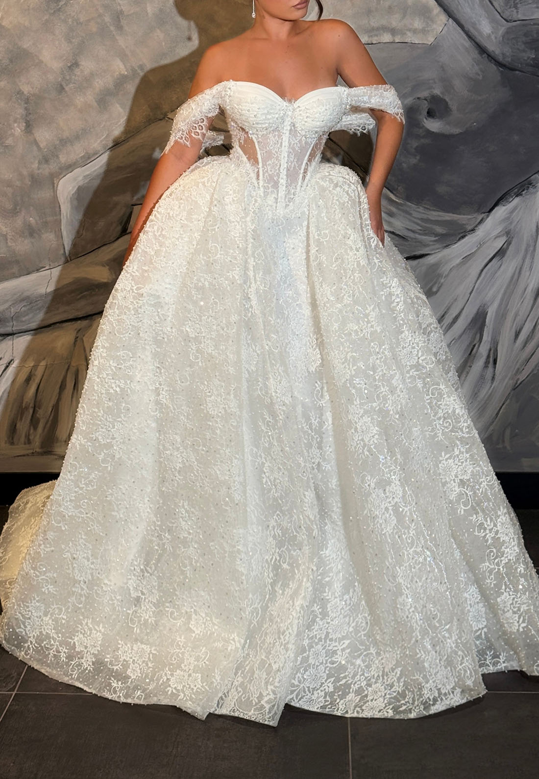Lace Off-the-Shoulder Corset Ball Gown Wedding Dress