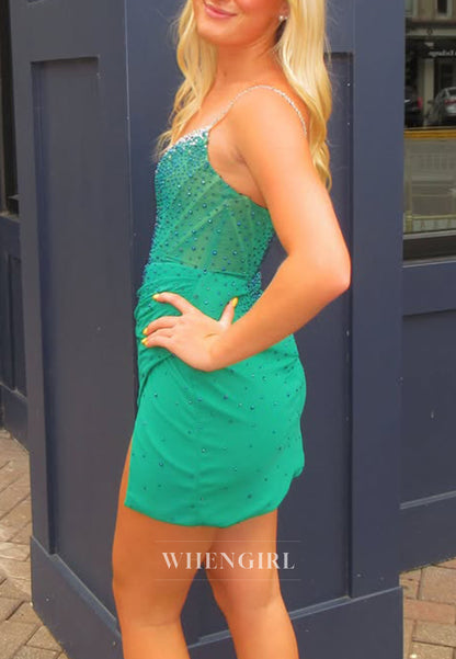 Crystal Mesh Bodice Mini Dress with Ruched High Slit