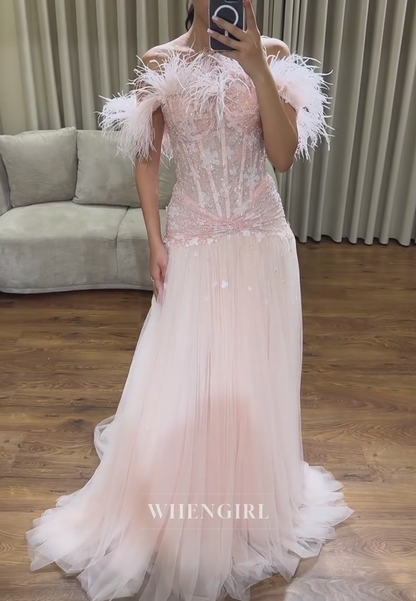 Feather Off-the-Shoulder Corset Evening Gown