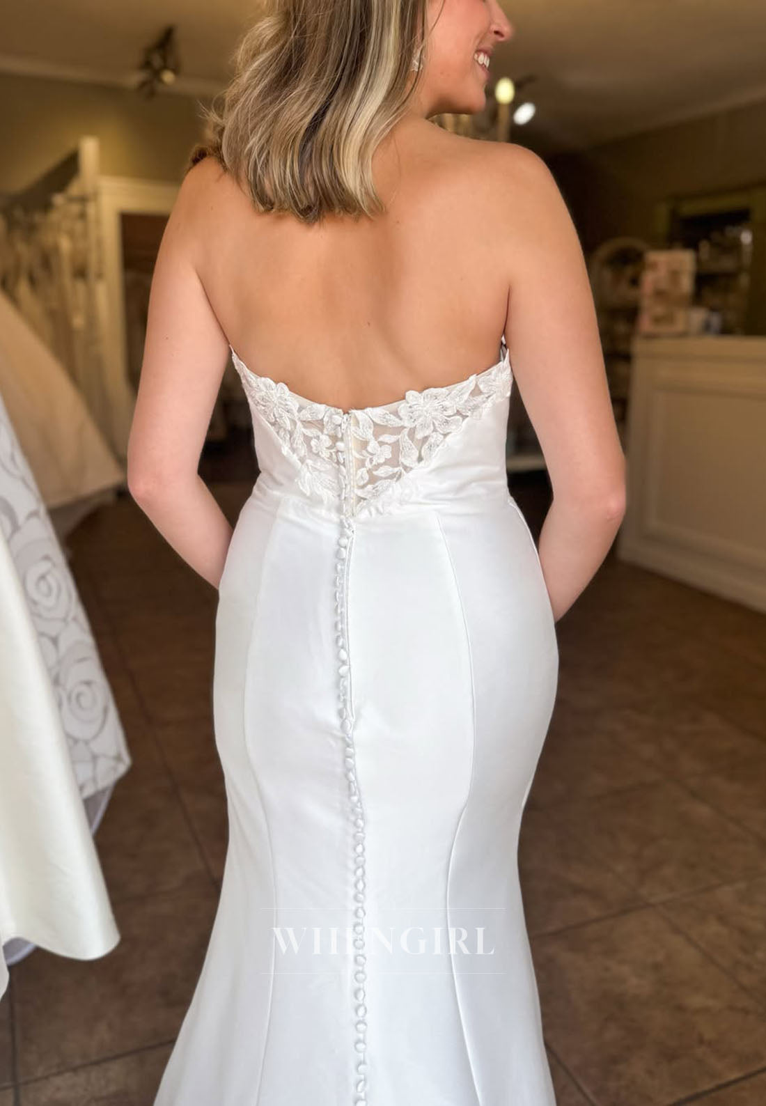 Strapless Satin Wedding Dress with Lace Trim