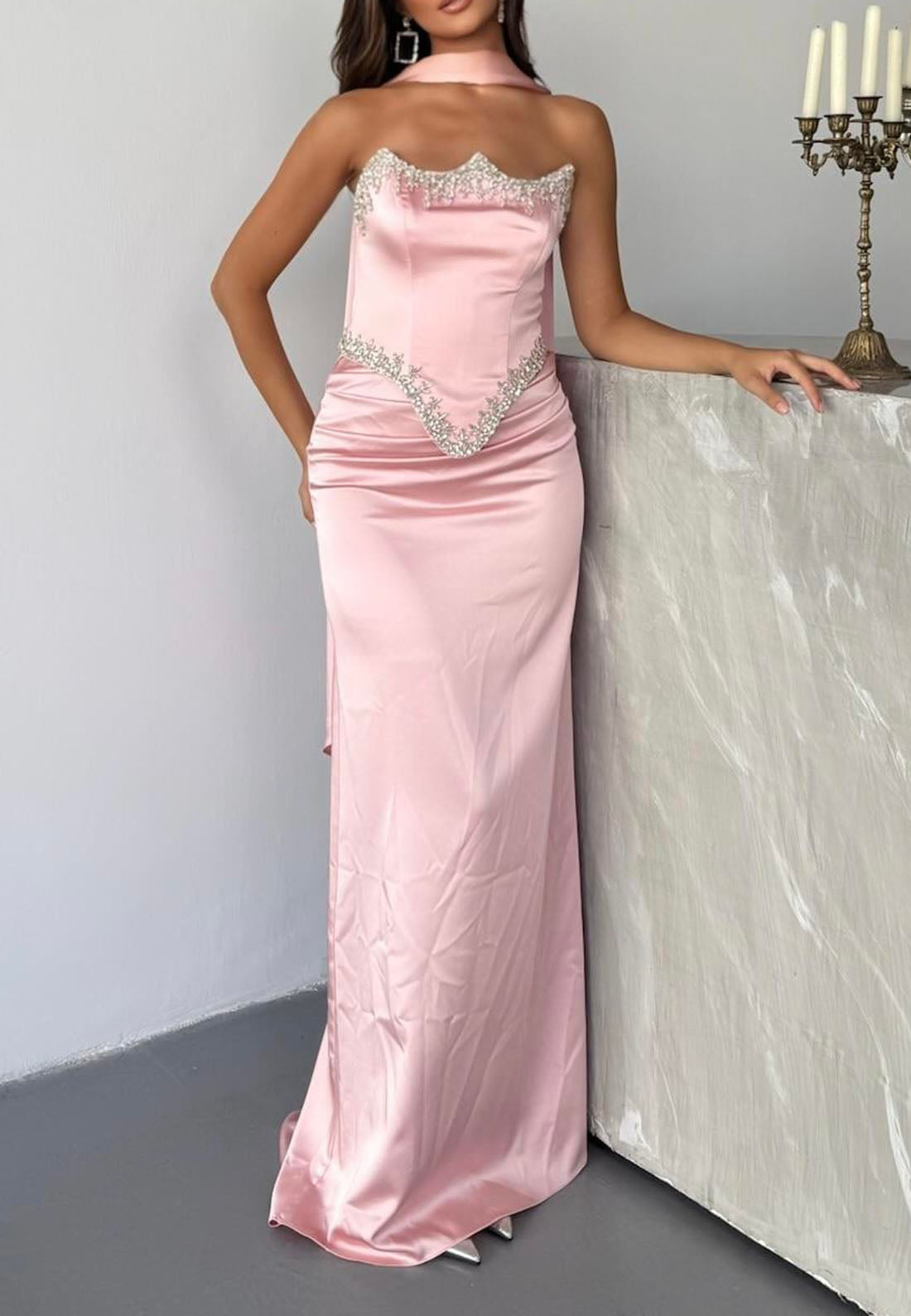 Beaded Basq Satin Gown with Neck Scarf