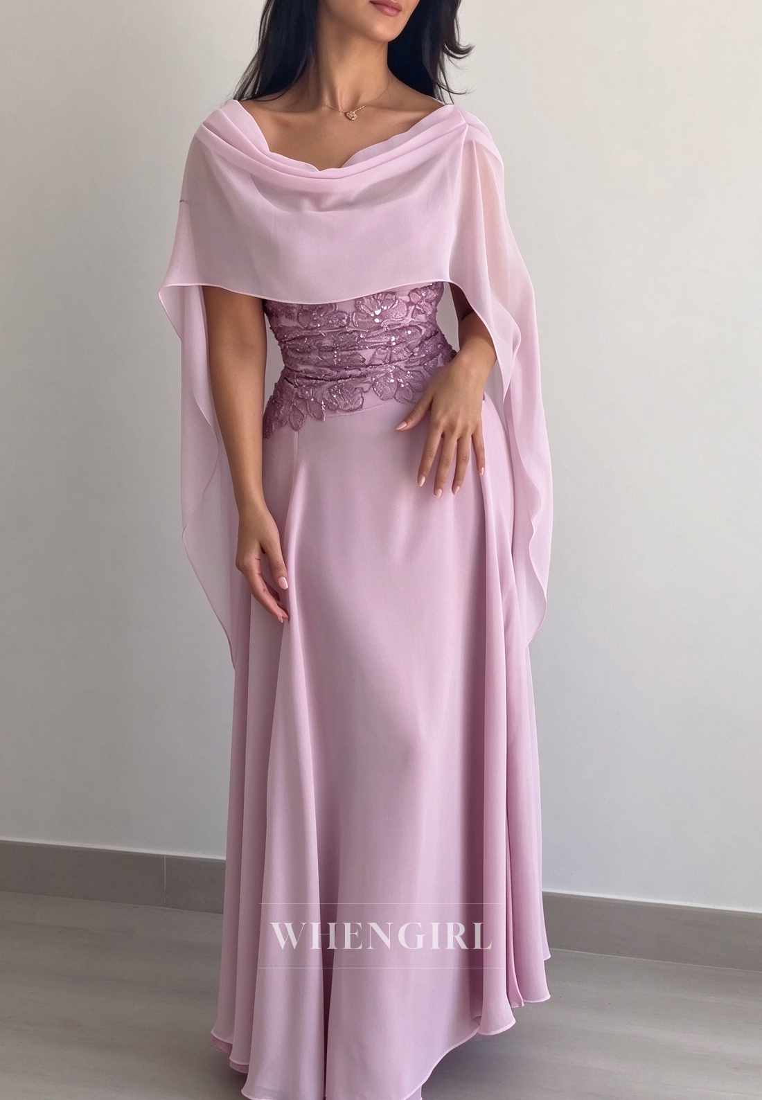 Chiffon A-Line Gown with Sequin Bodice & Cape