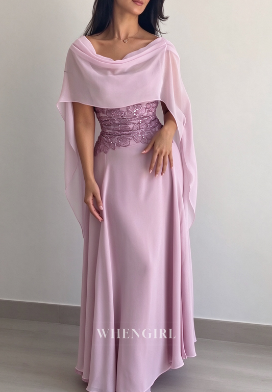 Chiffon A-Line Gown with Sequin Bodice & Cape