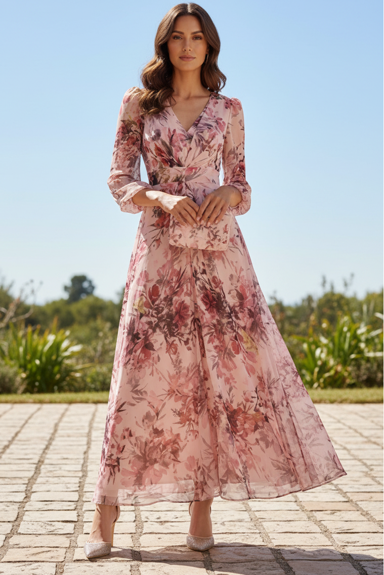 Floral Print Chiffon V-Neck Maxi Dress