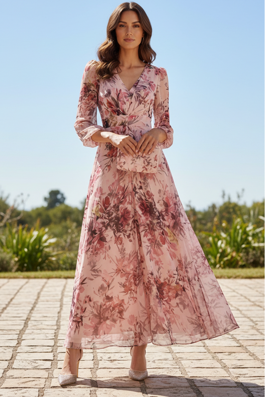 Floral Print Chiffon V-Neck Maxi Dress