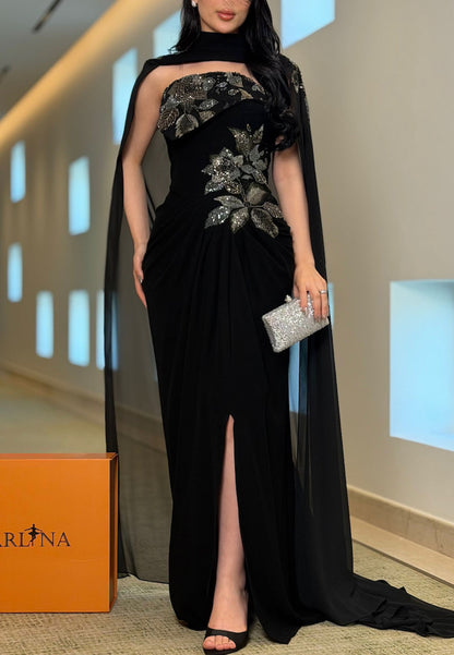 Embroidered Cape Evening Gown with Slit