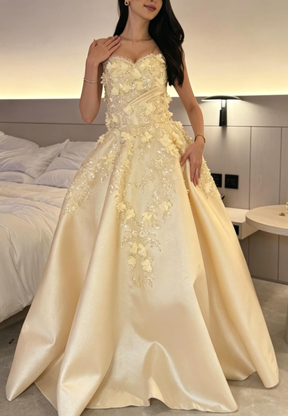 Floral Applique Ball Gown with Lace-Up Back