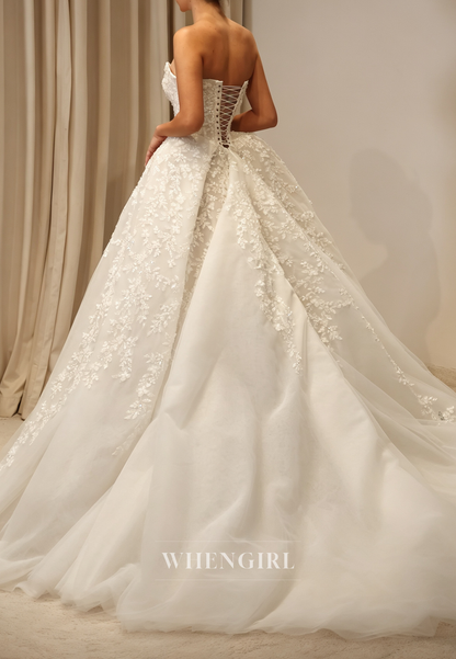 Strapless Floral Lace Applique Ball Gown Wedding Dress